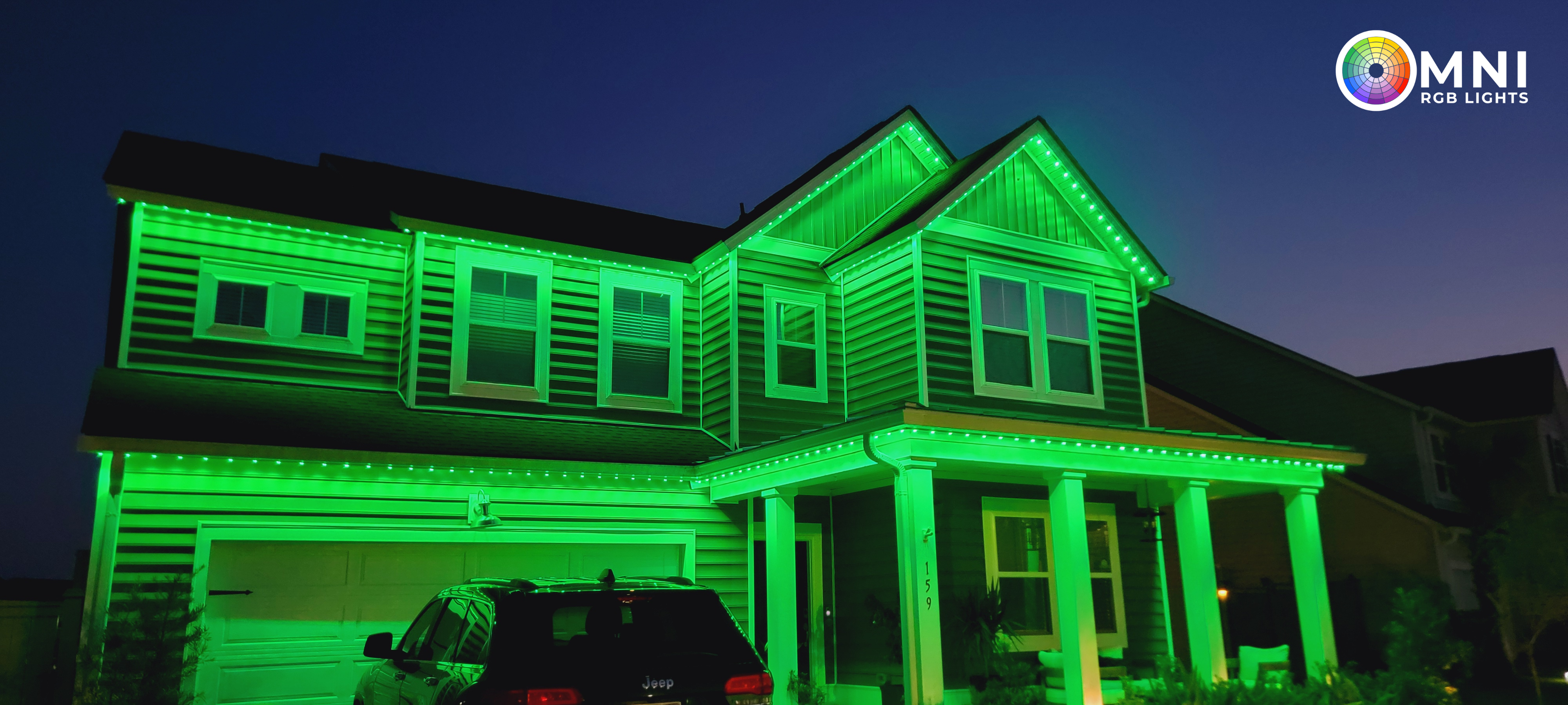 Exterior house lighting with colorful LED accents