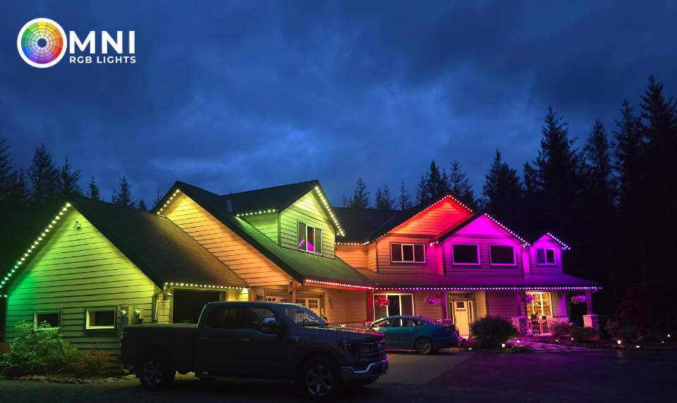 Permanent house lights displaying festive holiday colors