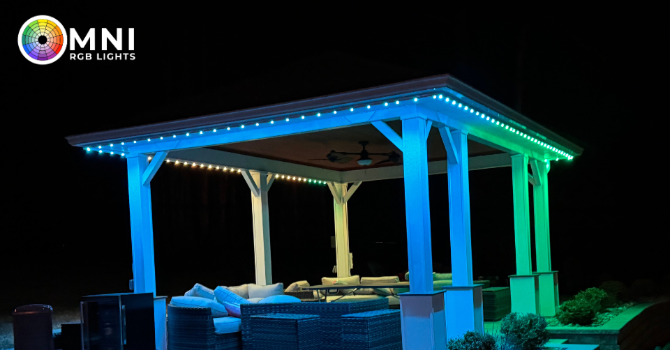 Custom color scene on a permanent exterior lighting installation